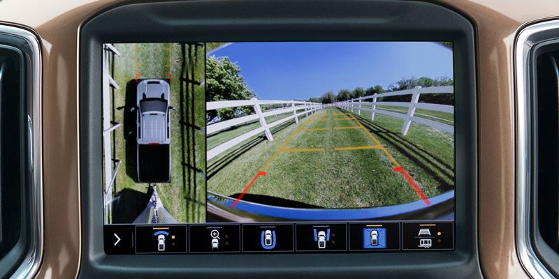 Silverado HD infotainment screen showing multiple camera views for easier trailer hitching.